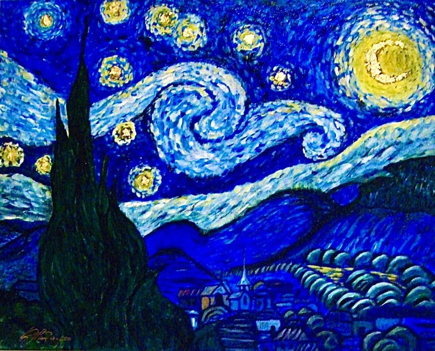 A famous oil painting of a night sky with swirling stars, a crescent moon, a dark cypress tree, and rolling hills.