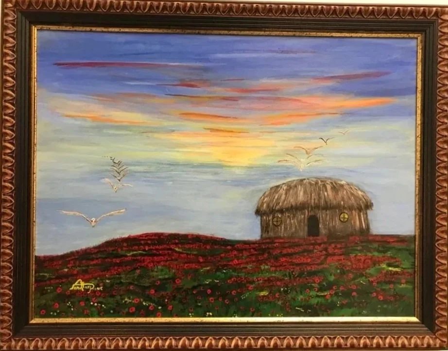 Painting of a sunset over a field of red tulip flowers with a thatched roof house and flying birds.