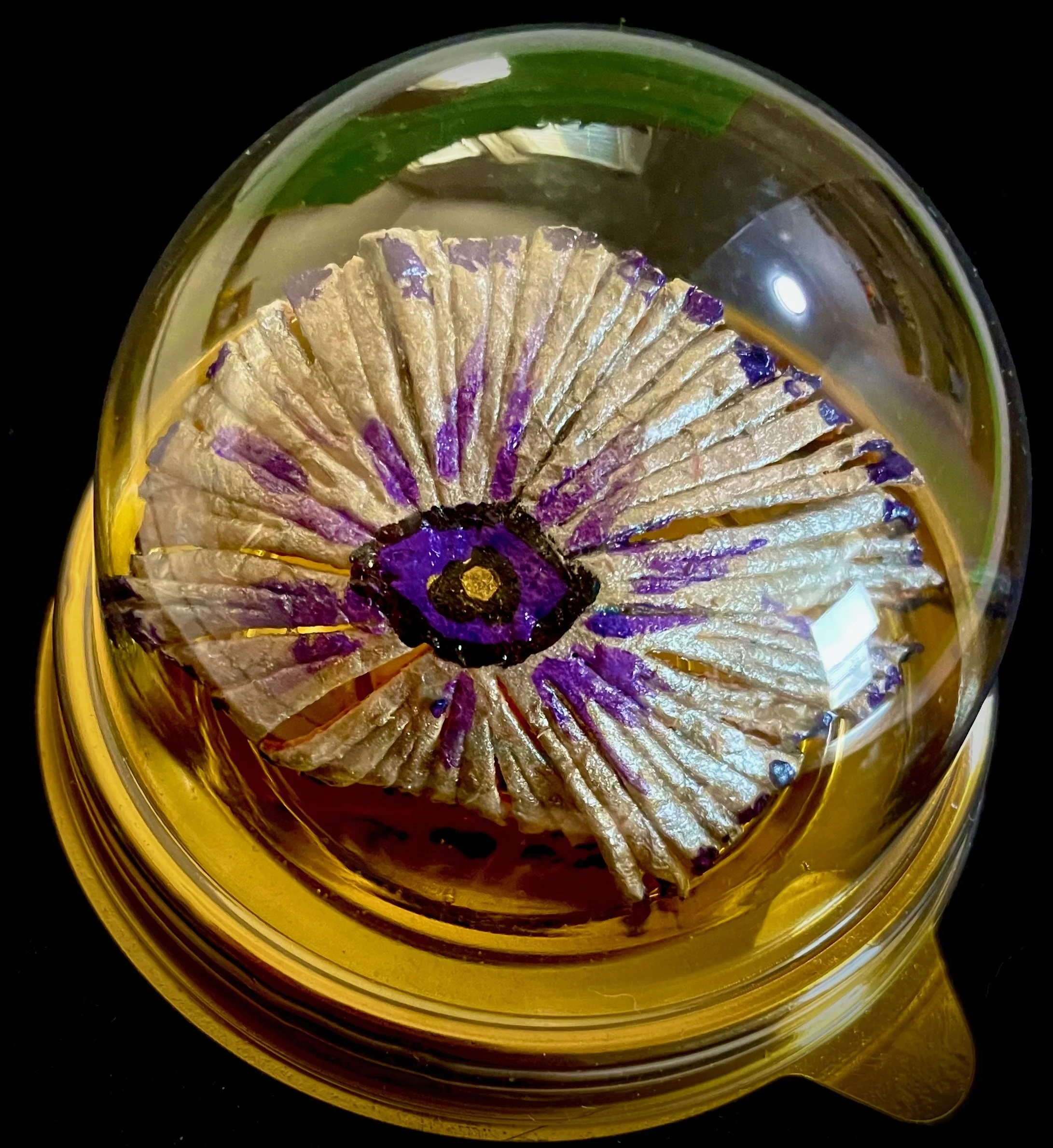 Gold citrus rind with purple and black details, displayed inside a clear glass container with a yellow edge, against a black background.