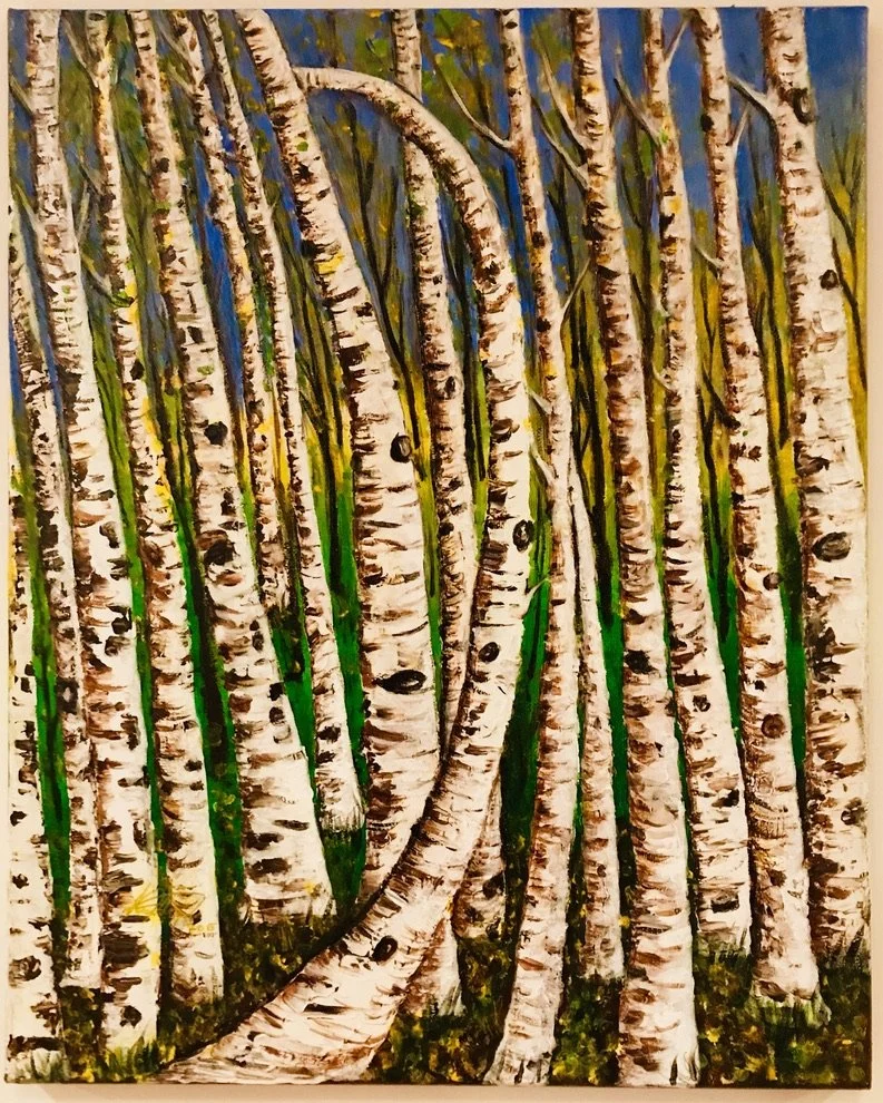 Painting of a birch forest with white bark trees and green foliage in the background, some trees with black knots.