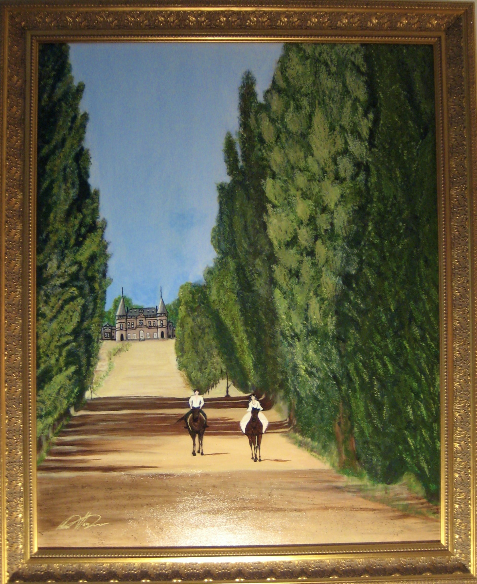 A framed painting of a garden scene with a castle in the distance, lush green trees, a dirt path, and two riders on horseback with a person walking beside them.