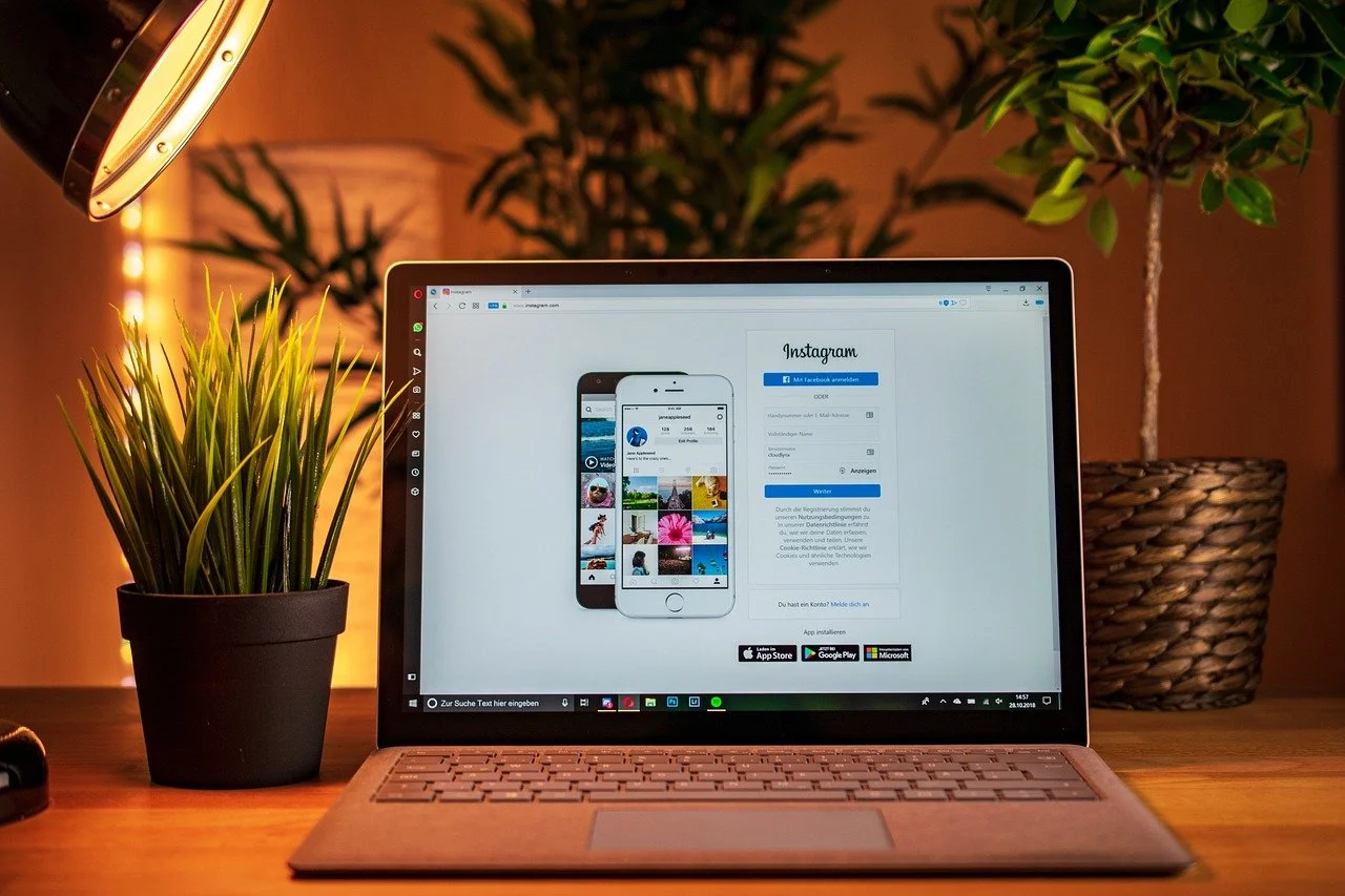 A laptop displaying the Instagram login page, flanked by two potted plants, one with spiky green grass and the other with broad-leafed greenery, on a wooden desk.
