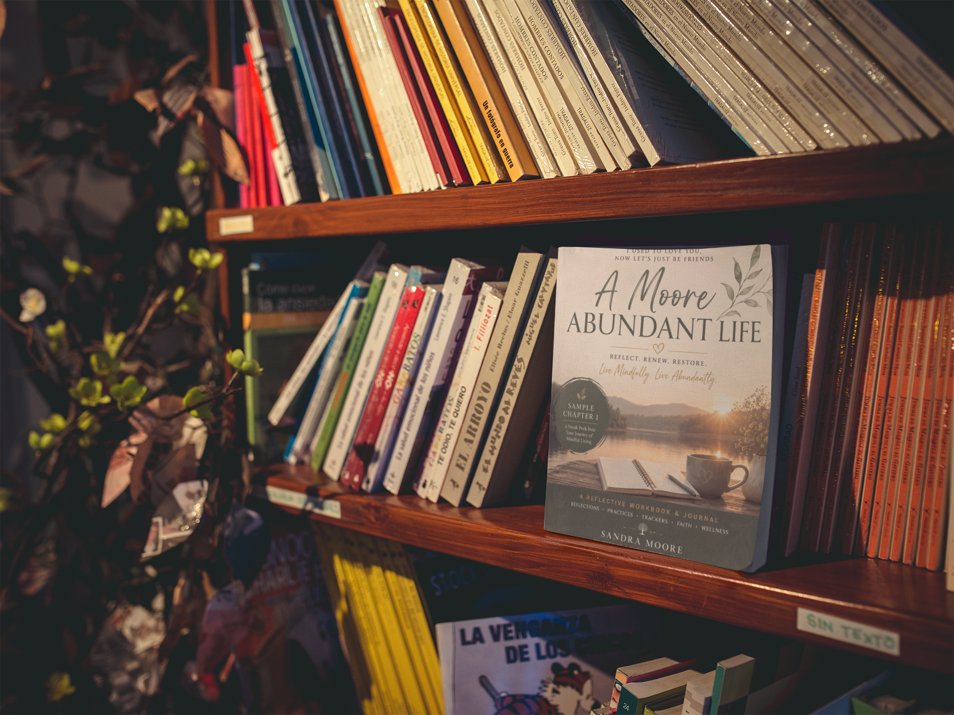 Books on a wooden bookshelf, including titles about mindfulness and personal growth, with leafy decorative elements on the left side.