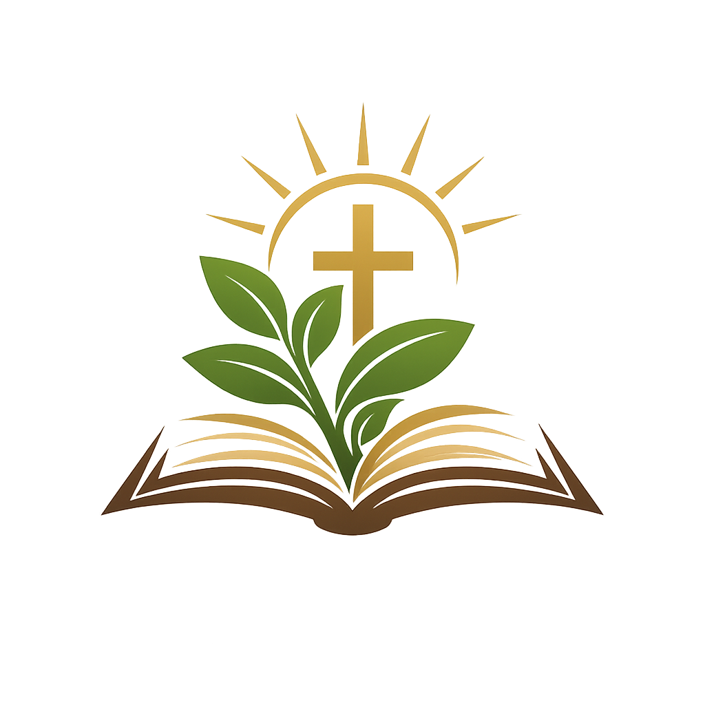 An open Bible with green leaves emerging from it, a gold cross and sun behind the book.