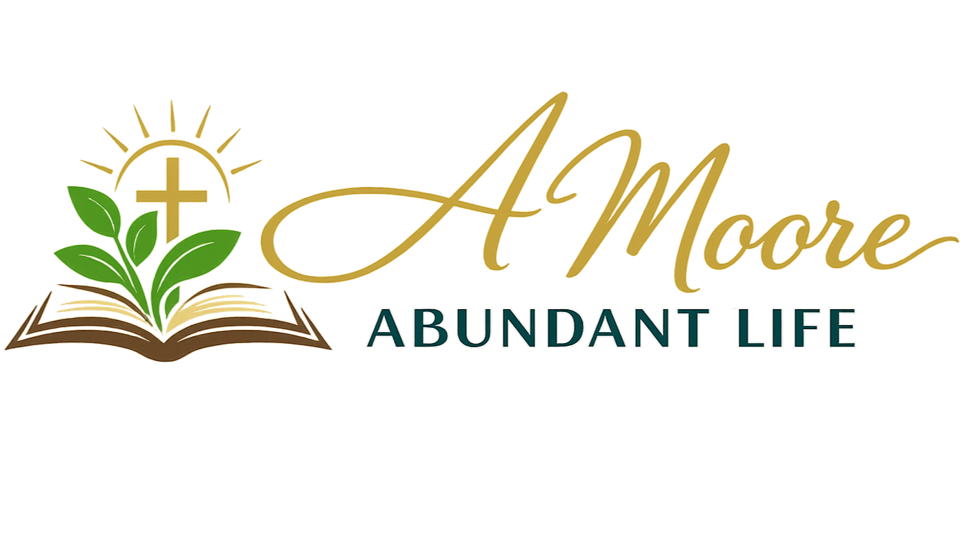 Logo for 'A More Abundant Life,' featuring a cross, a rising sun, and a plant emerging from an open book.