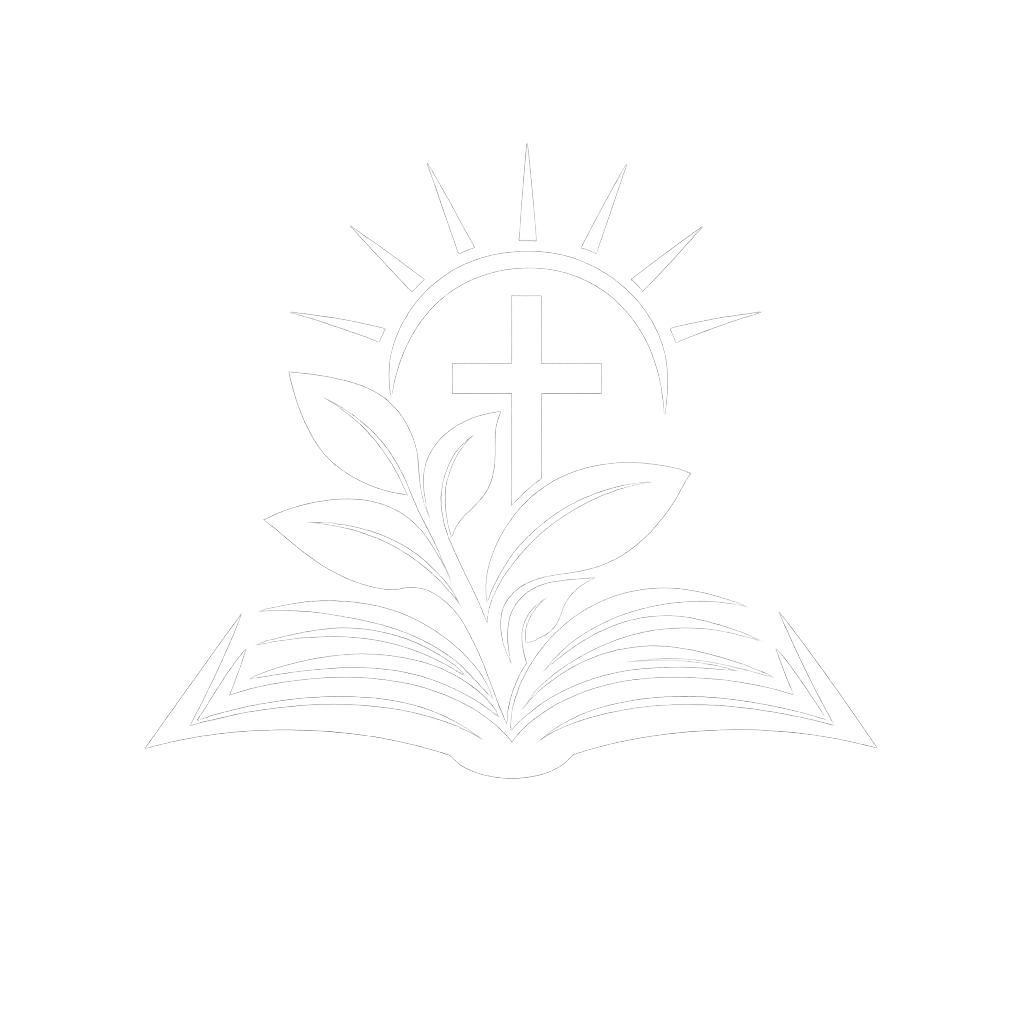 A church logo with an open Bible, a leaf growing from it, a cross, and rays of light emanating from behind the cross.