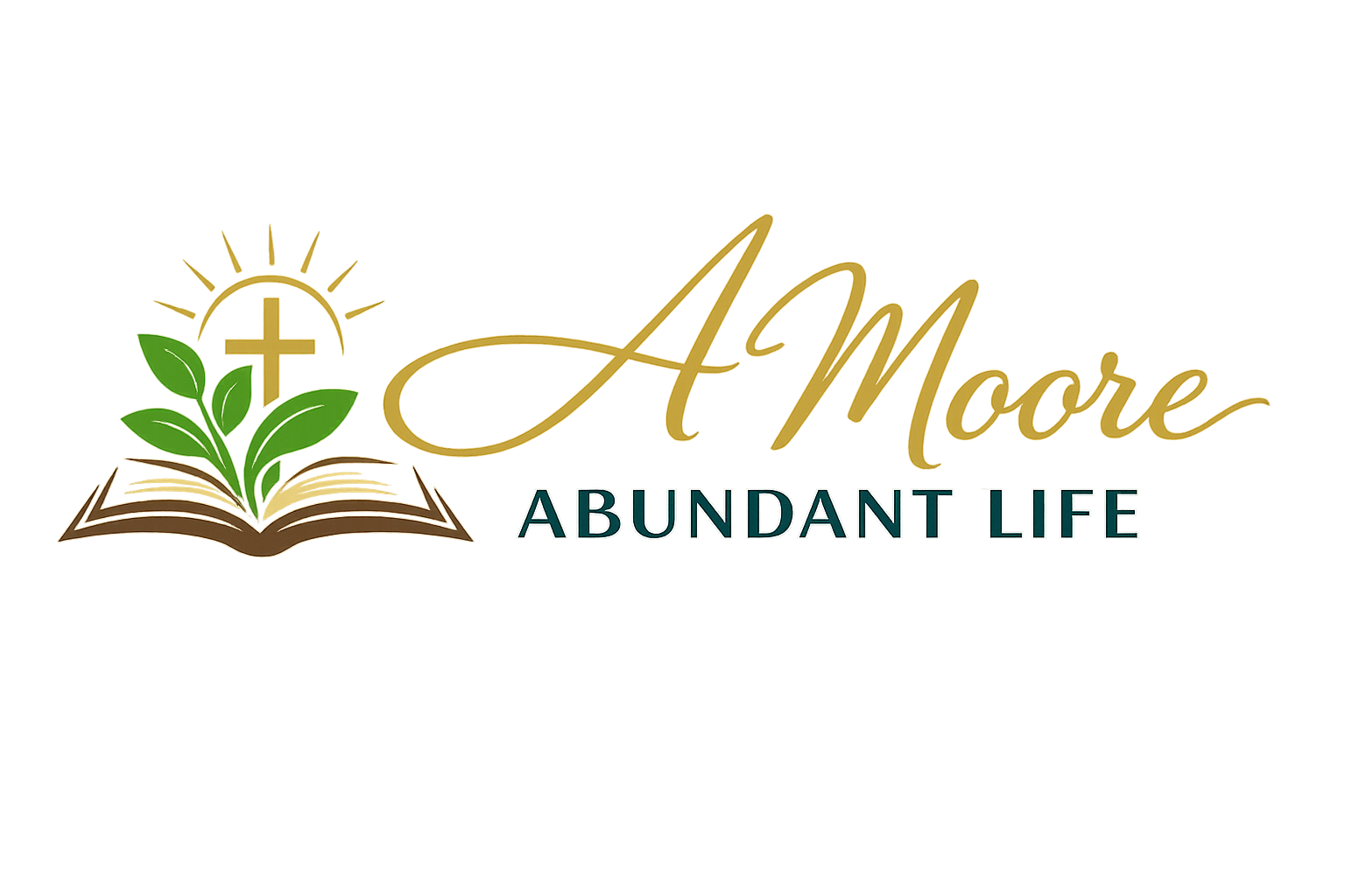 Logo with a Bible, a cross, and a sun with rays, along with green leaves, with the text 'A Moore' in gold script and 'ABUNDANT LIFE' in bold uppercase letters.