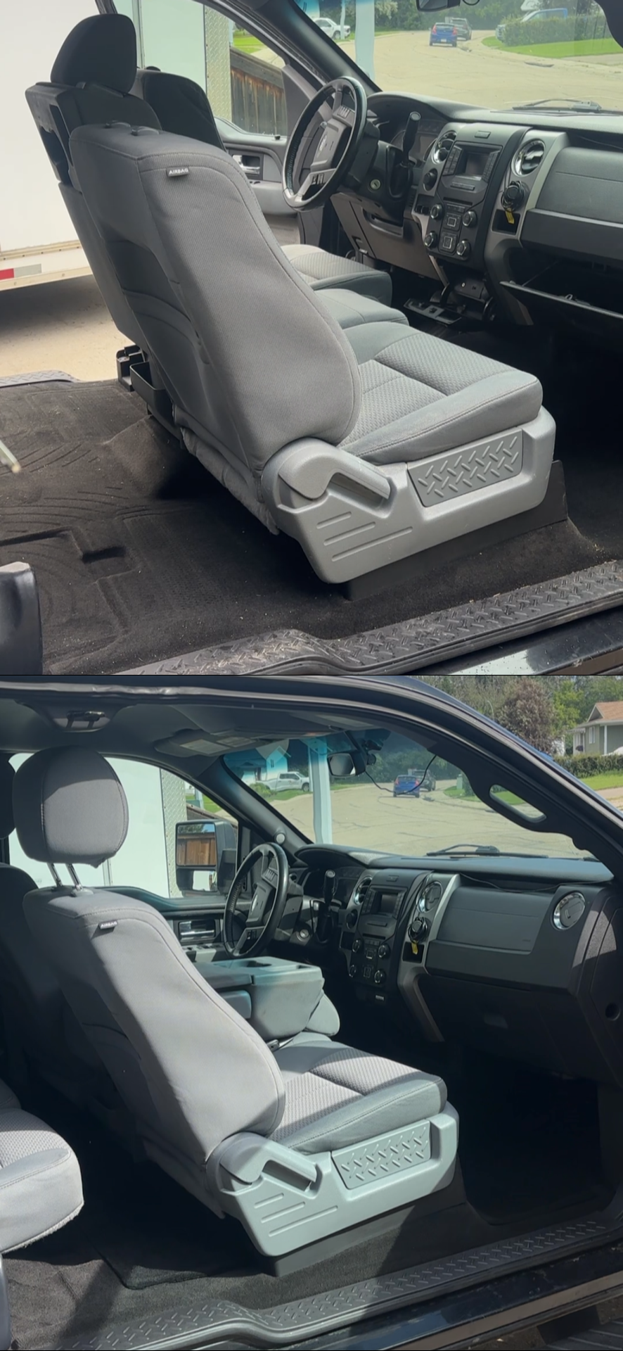 Interior of a van showing front passenger and driver's seats with different upholstery. The van has a gray dashboard, steering wheel, and floor mats, with scenic outdoor surroundings visible through the windows.