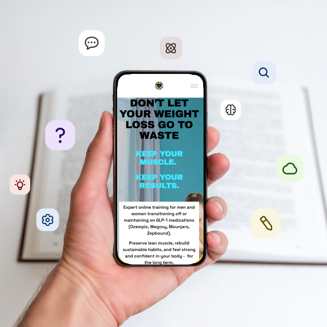 A person holding a smartphone displays a webpage for online fitness training, with surrounding icons representing chat, search, brain, cloud, gear, pencil, and question mark, on a blurred background of an open book.