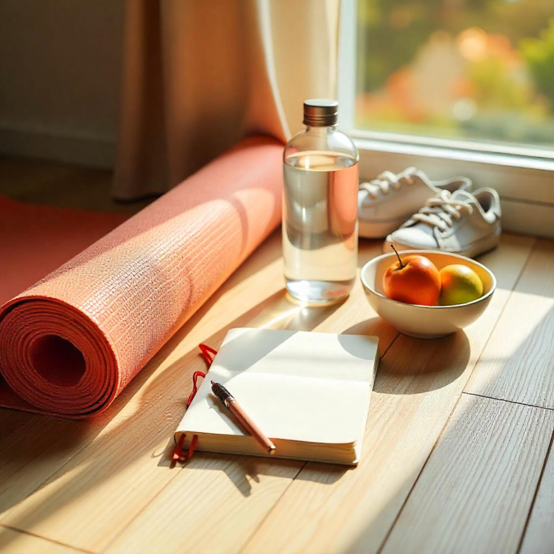Yoga mat, water bottle, white sneakers, bowl of apples, notebook with pen, sunlight on wooden floor near window.