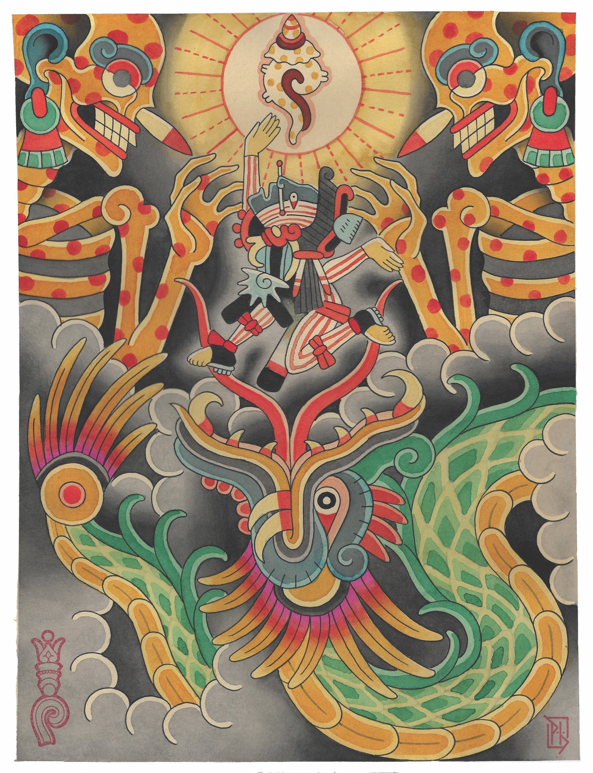 Quetzalcoatl en el Mictlan  
Liquid Acrylic and Ink on Arches Paper 
2020