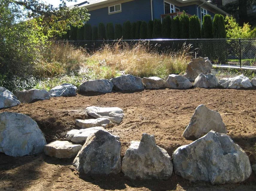 A backyard with a dirt area bordered by large rocks, with a house and green shrubs in the background.