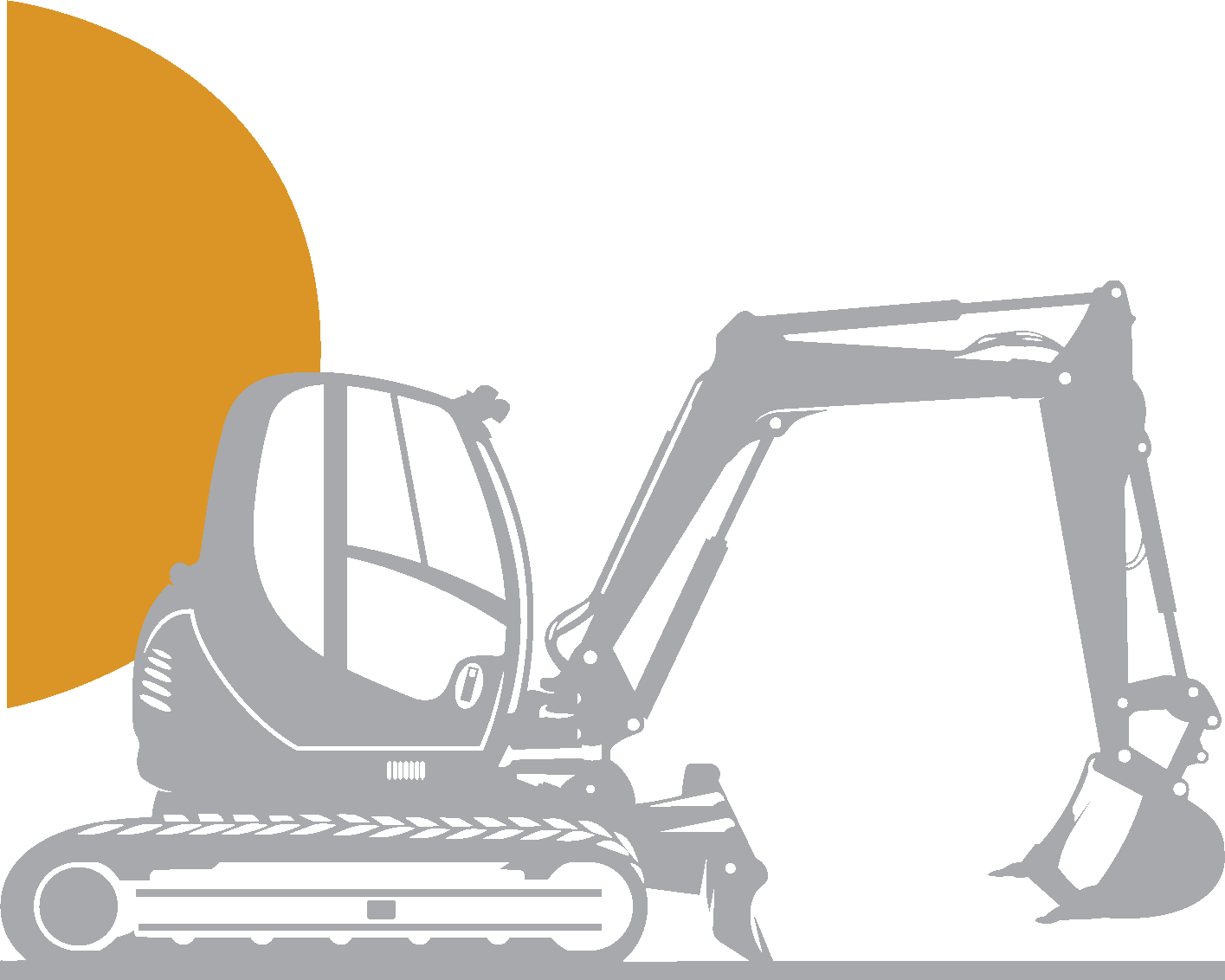 A grayscale illustration of an excavator with a large orange circle background.