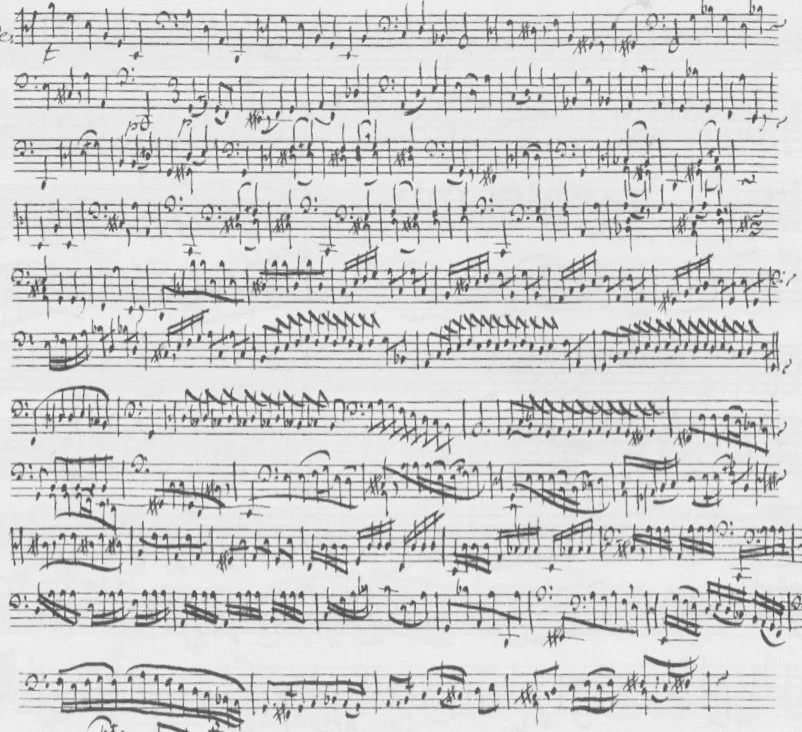 A handwritten musical score on lined paper with multiple staves and musical notes, featuring various clefs, dynamics, and annotations.