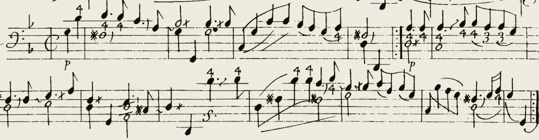 Sheet music with musical notes, staff lines, and annotations for piano or instrument performance.