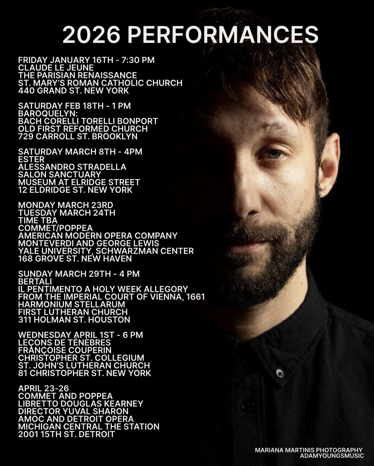 Event poster listing 2026 performance schedule with dates, times, and locations, featuring a half-visible portrait of a bearded man with brown hair against a black background.