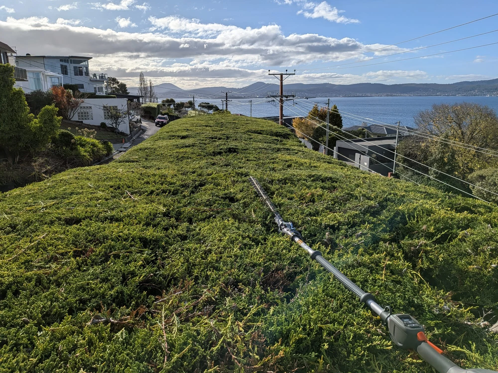 View of a hillside with houses, power lines, and a lamppost overlooking a body of water and distant mountains.
