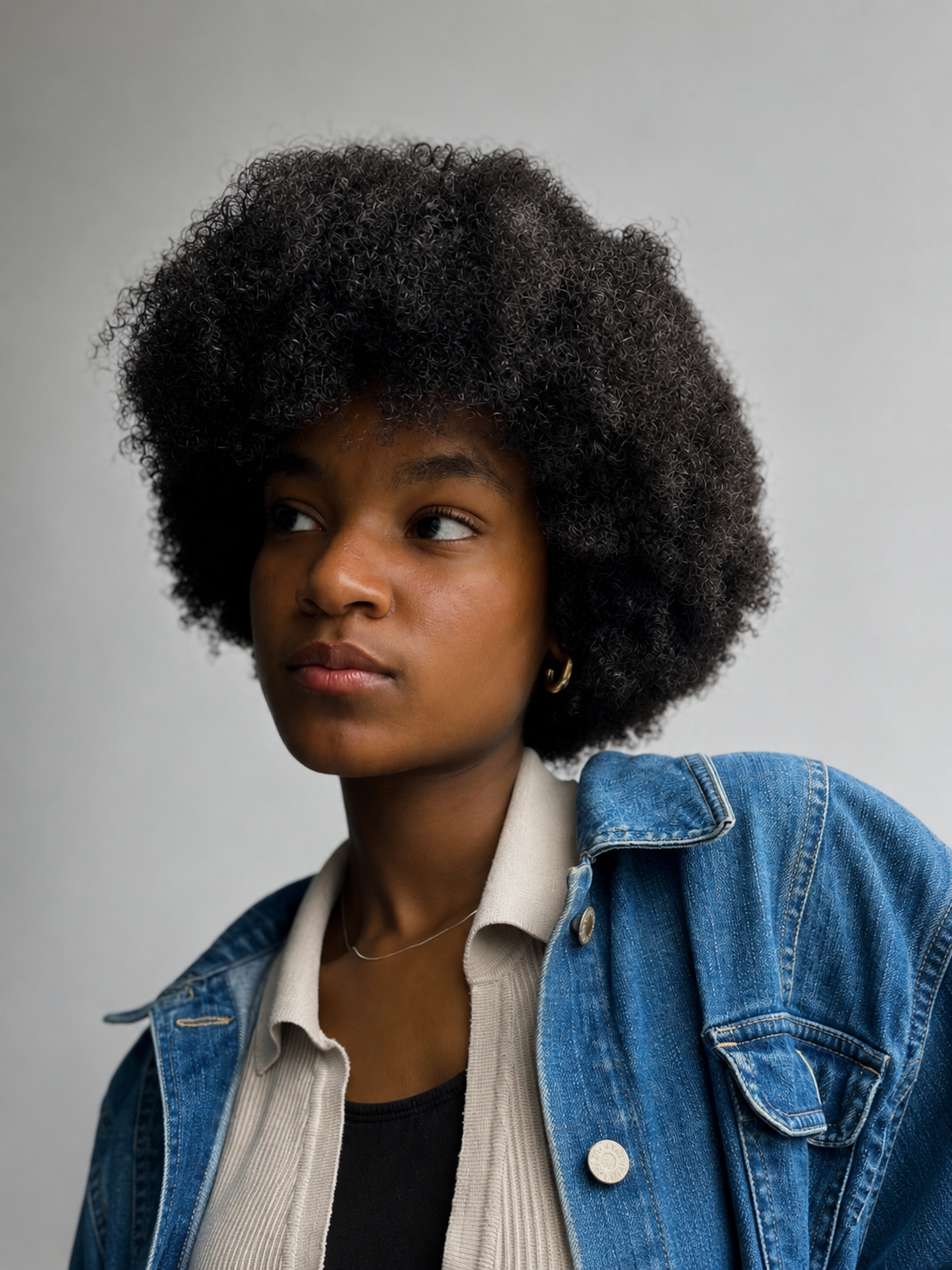 A young woman with dark skin and a large curly afro hairstyle looking to her left, wearing a denim jacket over a beige shirt and a black top, with a neutral expression against a plain gray background.
