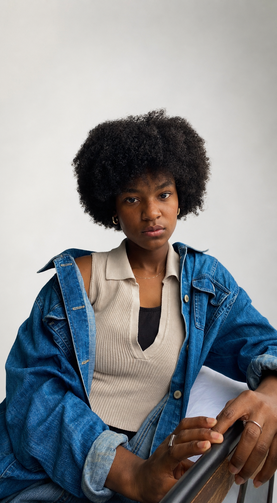 A young woman with curly black hair wearing a beige shirt under a blue denim jacket, sitting against a plain white background.