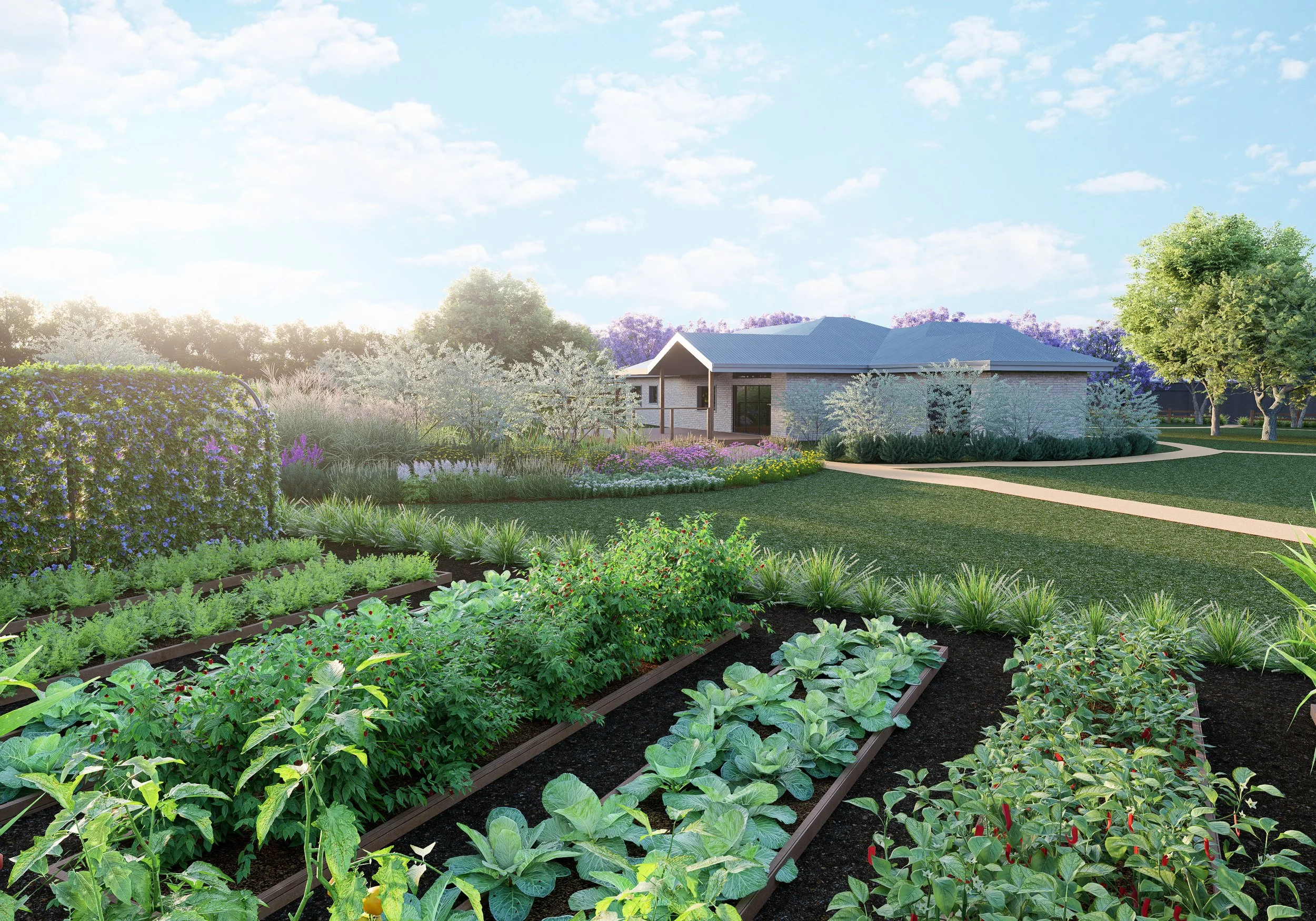 A lush garden with vegetable beds in the foreground, a brick house with a sloped roof in the background, and a blue sky with white clouds overhead.