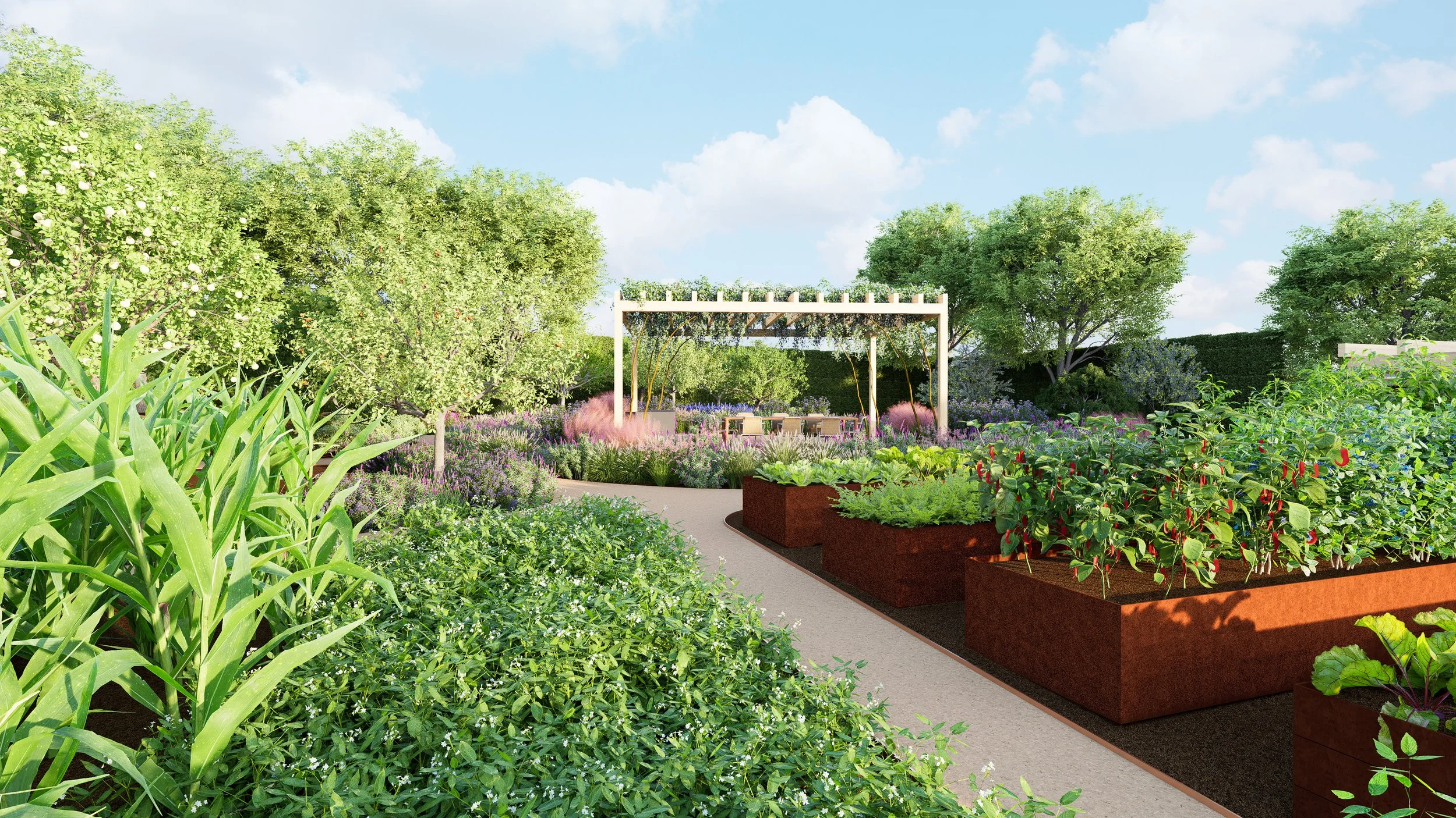 A lush garden with raised flower beds, trees, and a seating area under a pergola.