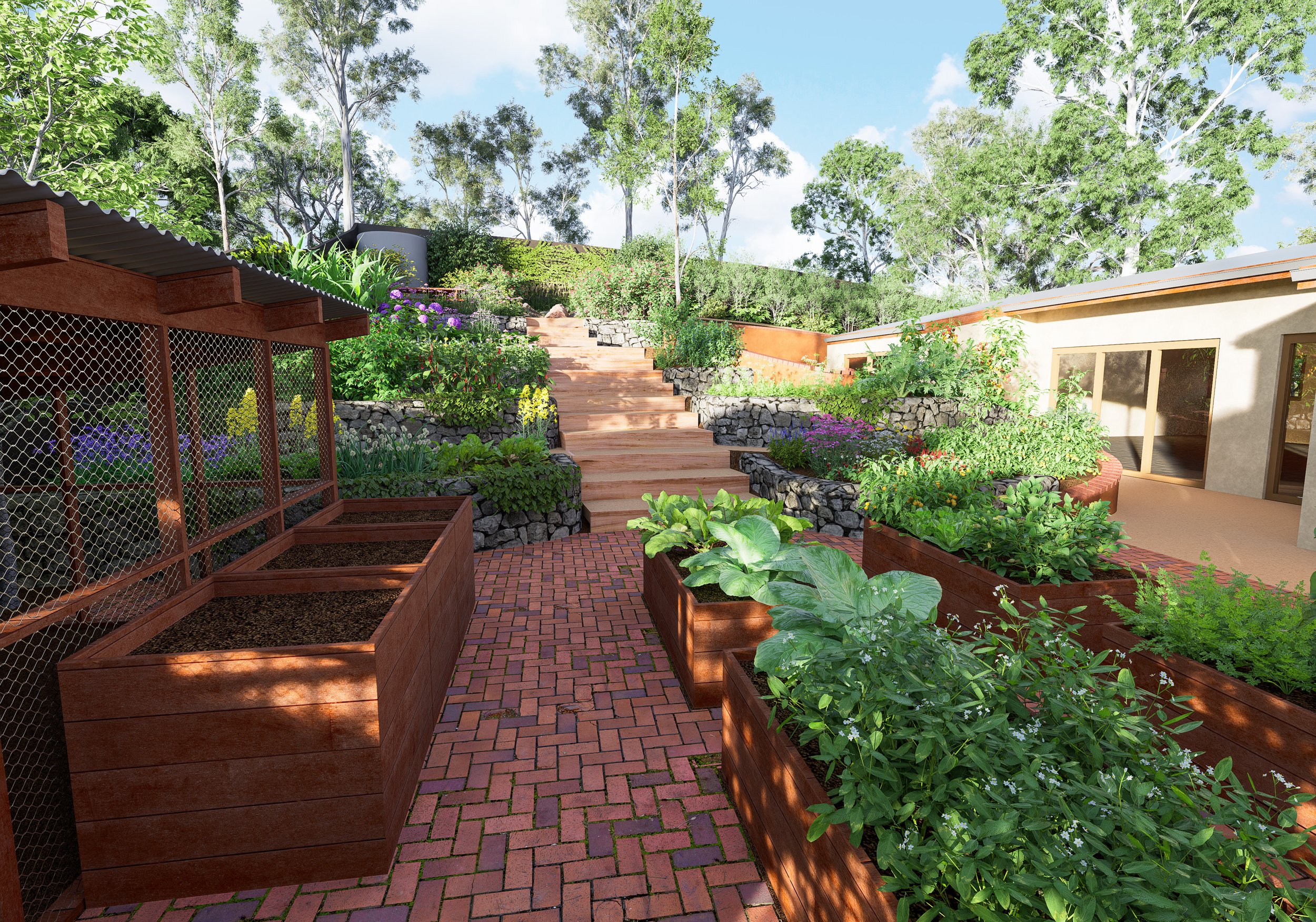 A backyard garden with steps leading up to a patio area surrounded by lush greenery, trees, and colorful flowering plants.