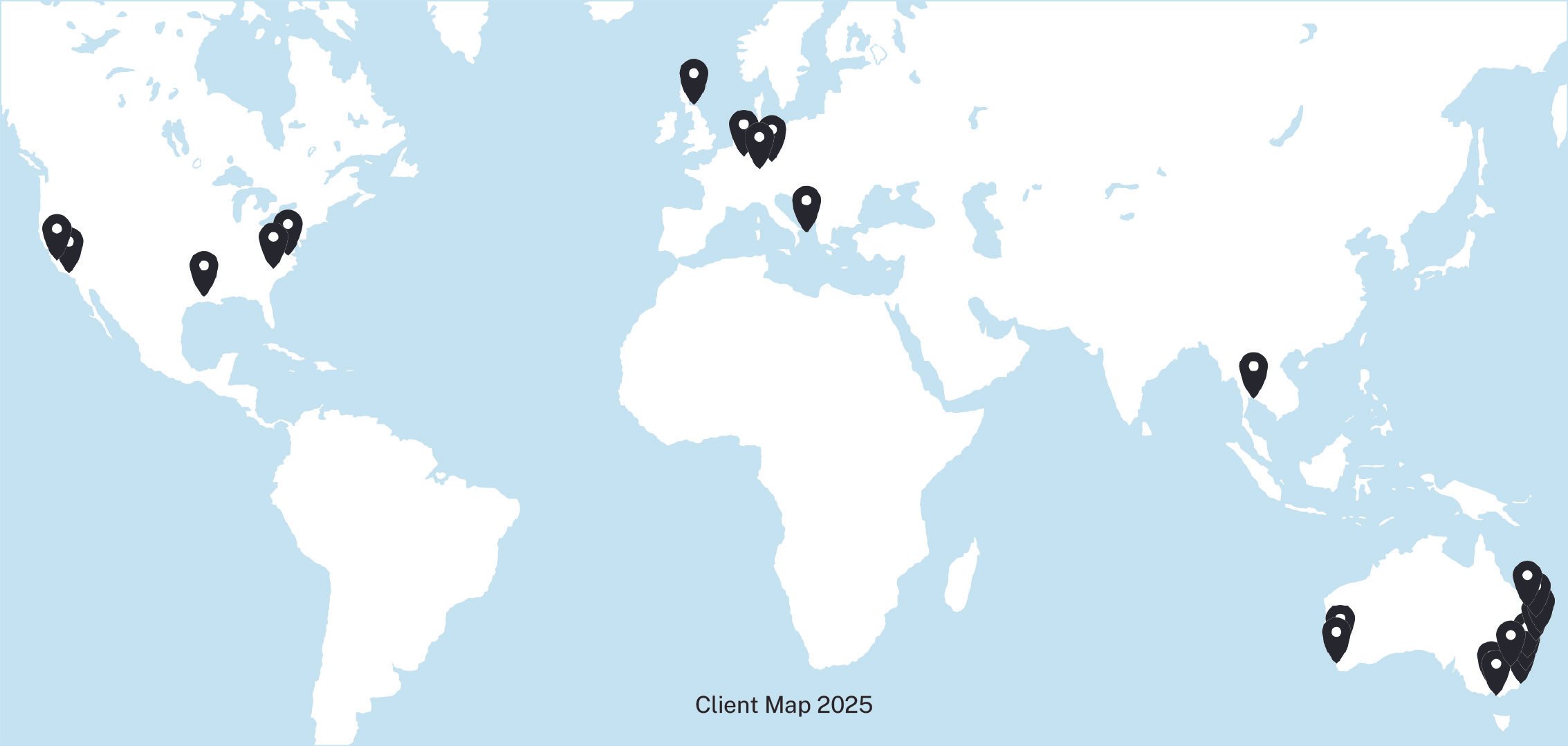 A world map with black location pins marking various locations across North America, Europe, Asia, and Oceania, labeled as 'Client Map 2025'.