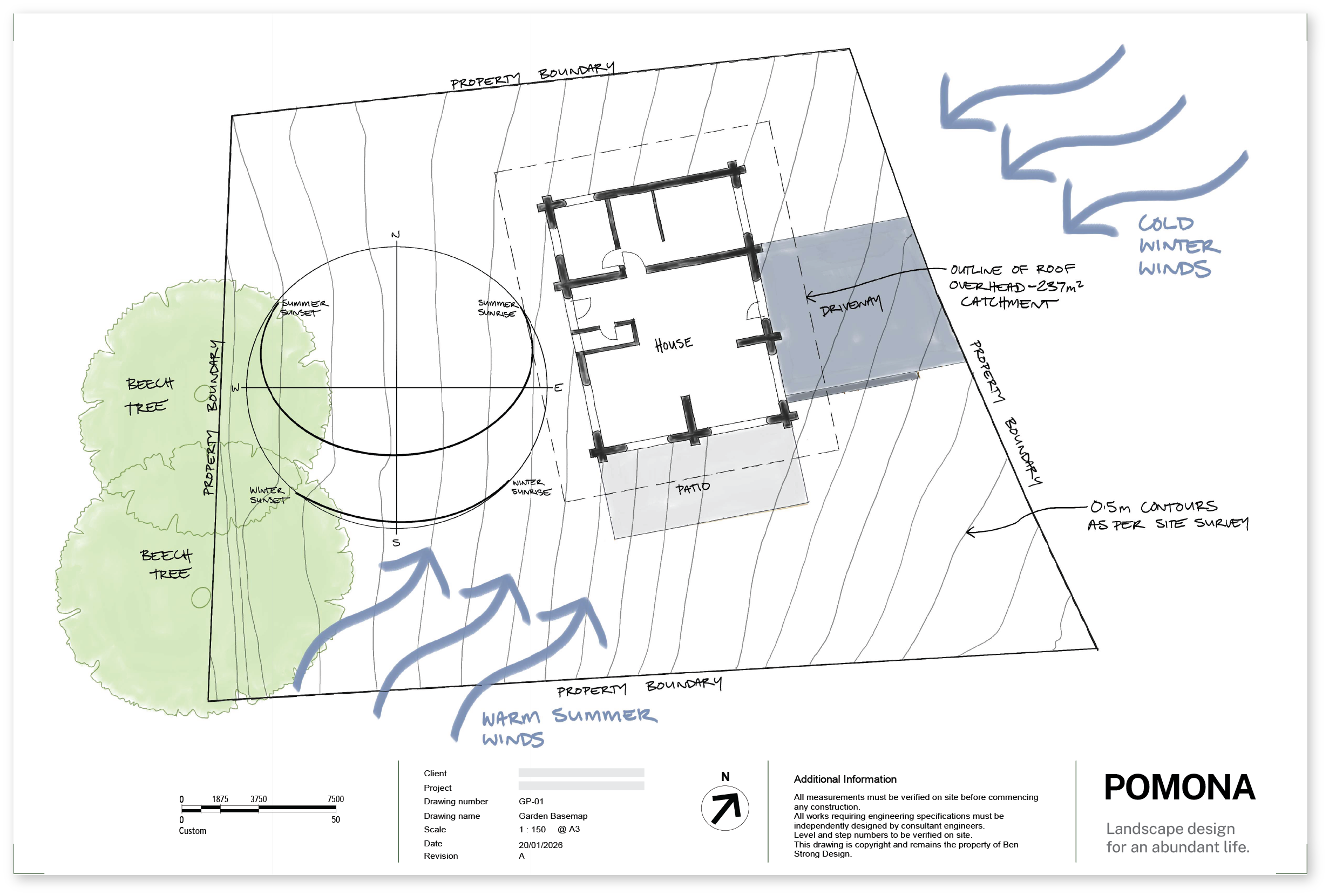 Landscape architectural plan showing property boundaries, a house, patio, driveway, beech trees, and arrows indicating warm summer and cold winter winds.