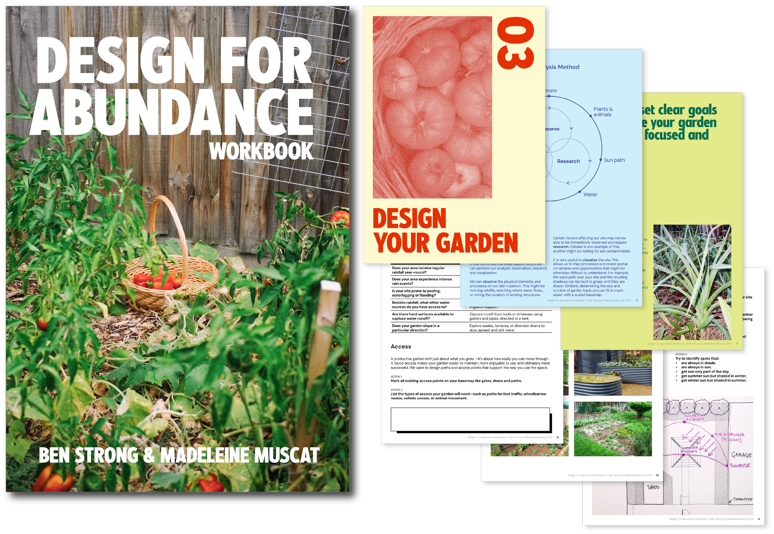 Cover of a garden design workbook with photos of plants and garden plans.