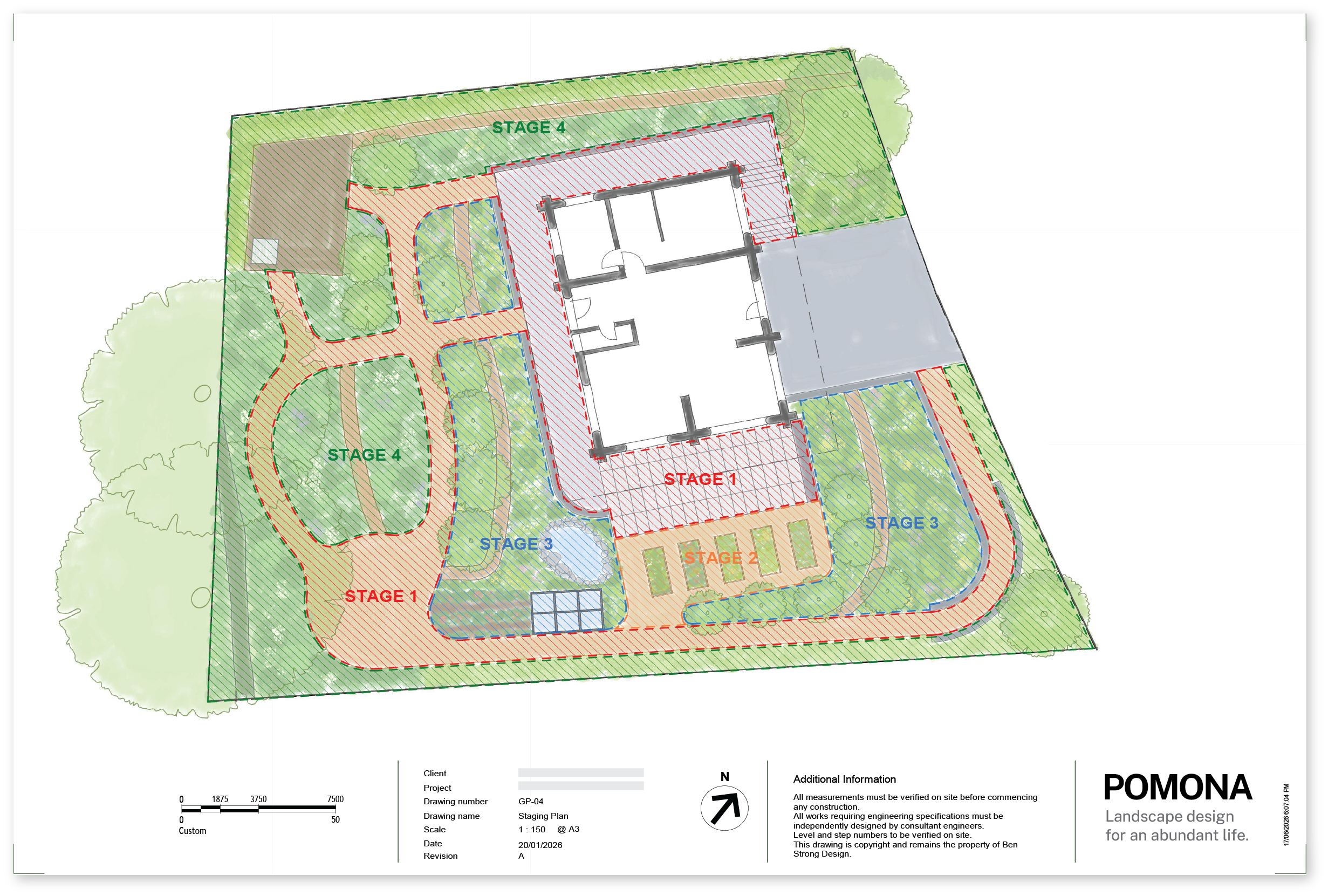 Landscape site plan for a project with labeled stages, pathways, and landscaping features. The plan includes a building outline, green areas, and multiple stages marked with different colors and dashed lines.