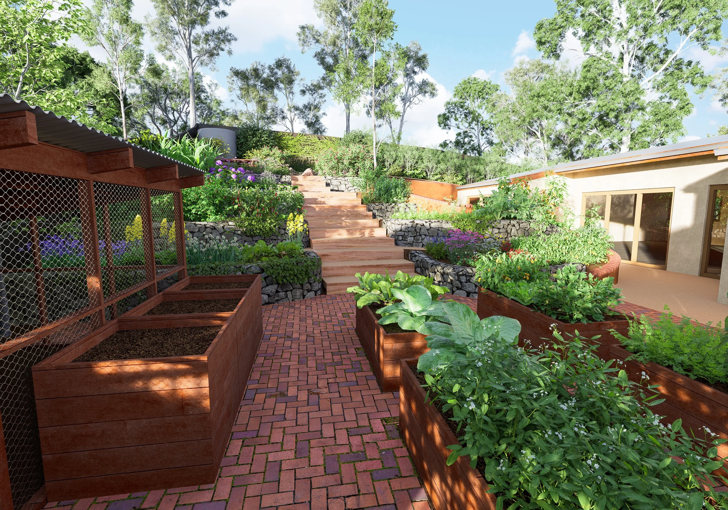 A backyard garden with terraced stone and wood steps, lush green plants, flowering bushes, trees in the background, a small building with a patio, and a brick pathway.