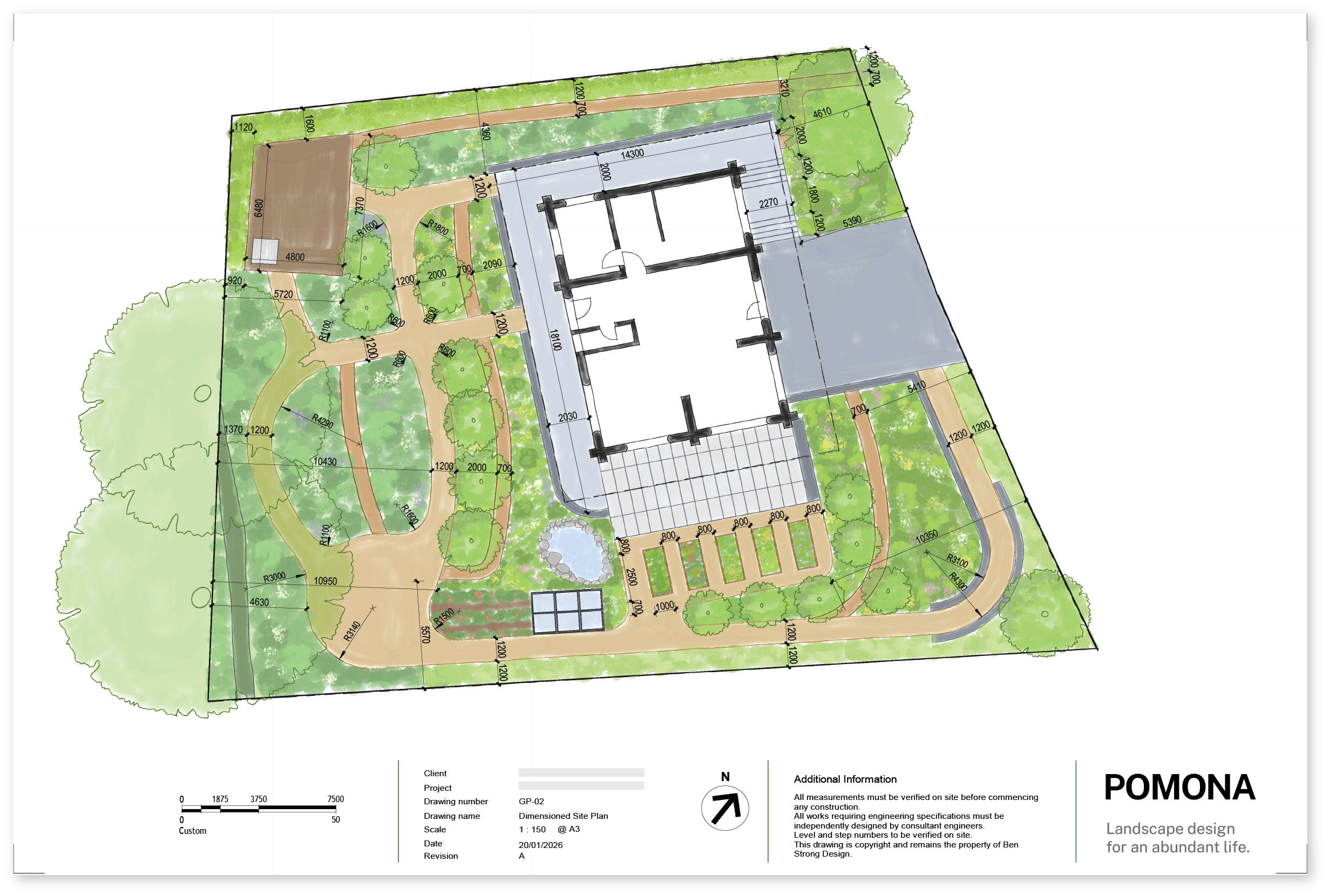 Landscape architectural site plan showing pathways, green areas, trees, building footprints, and measurements for a project by Pomona Landscape Design.