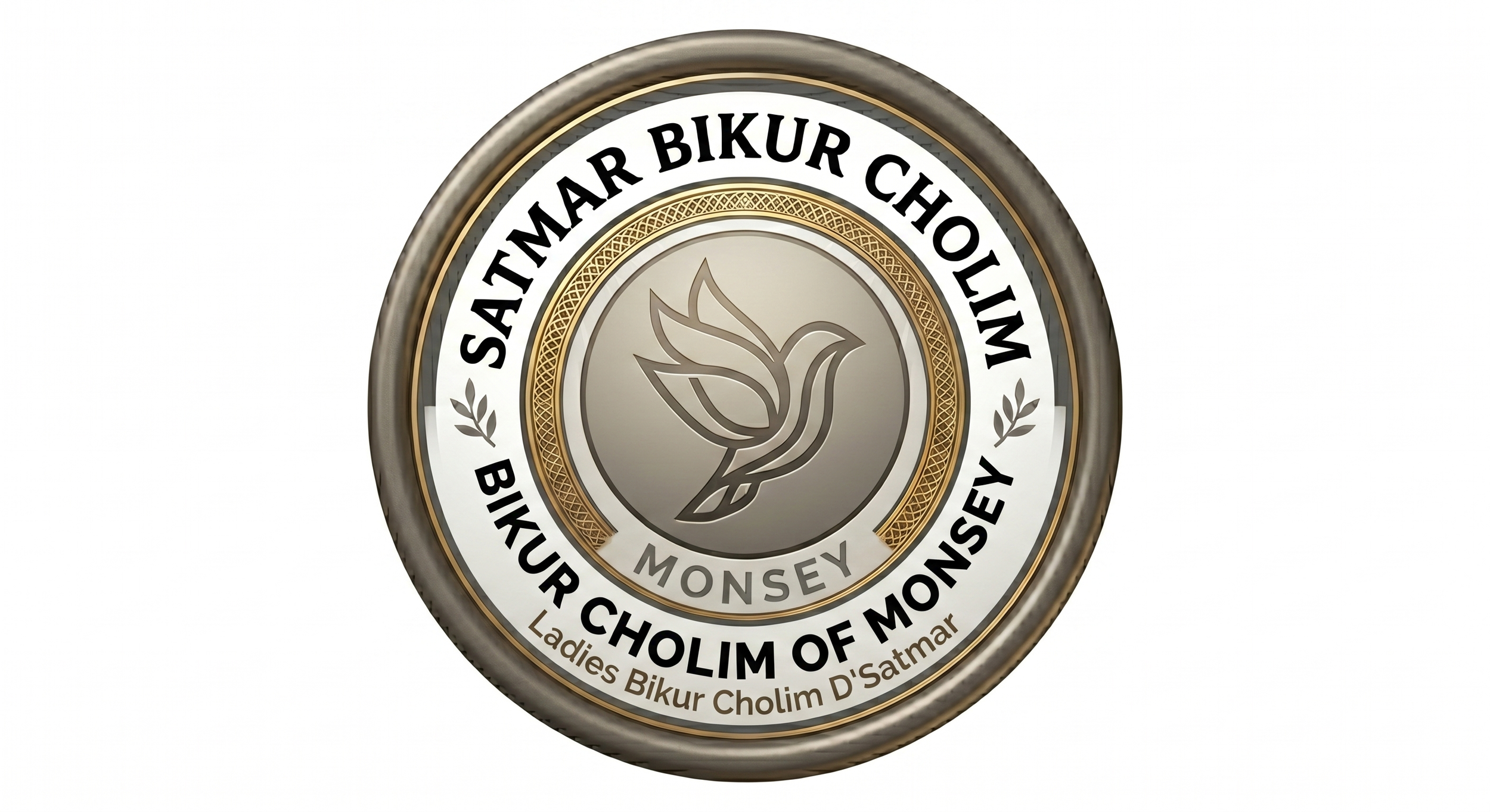 Seal with the text 'SATMARTMAAR BIKUR CHOLIM OF MONSEY' and a stylized leaf logo in the center.