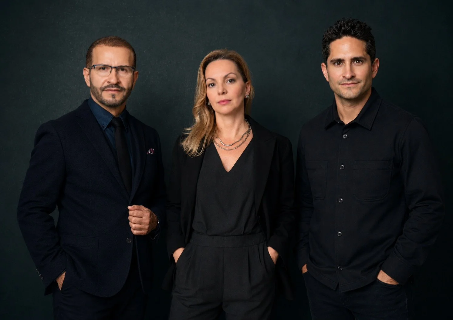 Three professionally dressed adults standing against a dark background, with two men on either side of a woman in the middle.