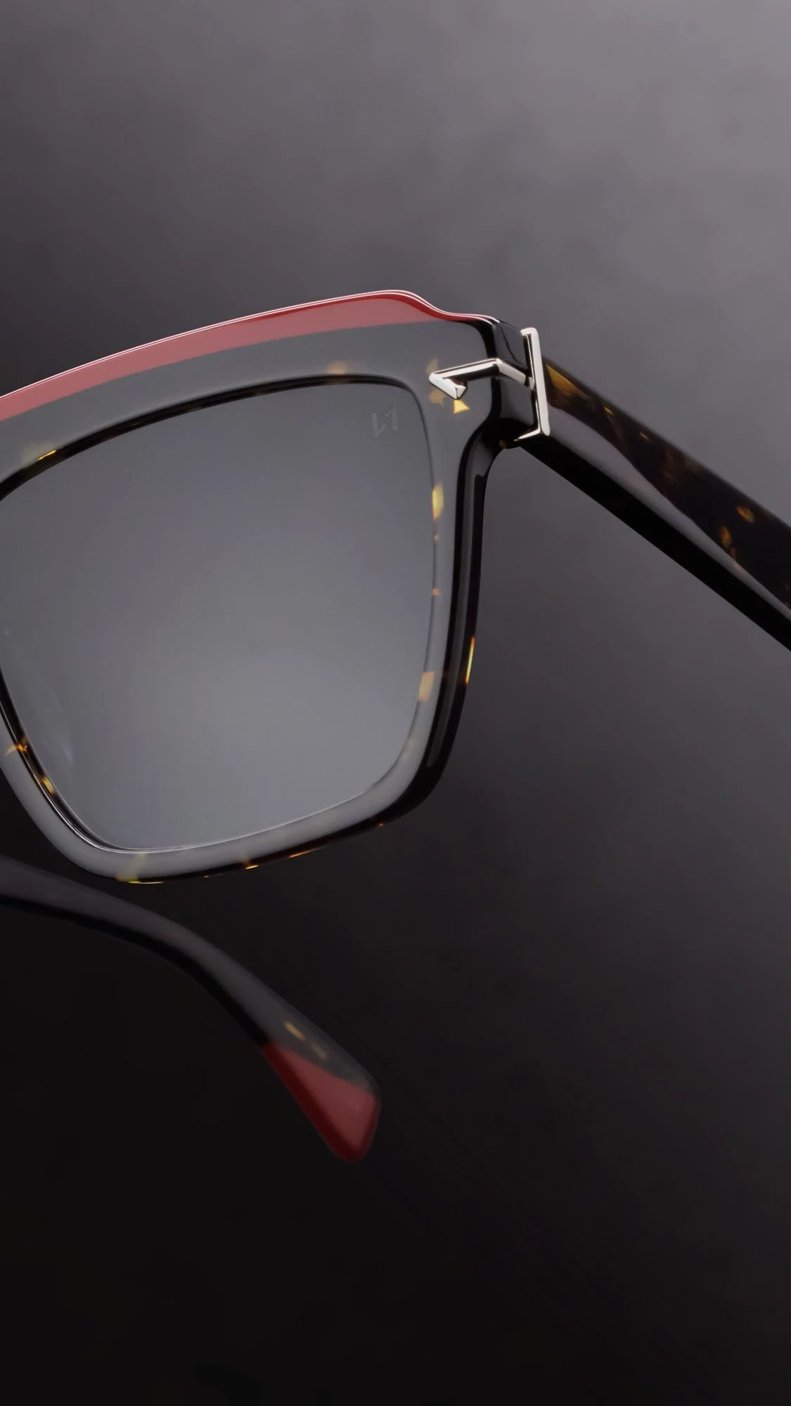 Close-up of a pair of sunglasses with tortoiseshell frame and Burgundy stripe and a gold hinge against a dark background.