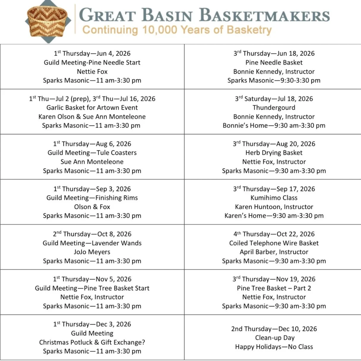Updated 2026 Workshop Schedule