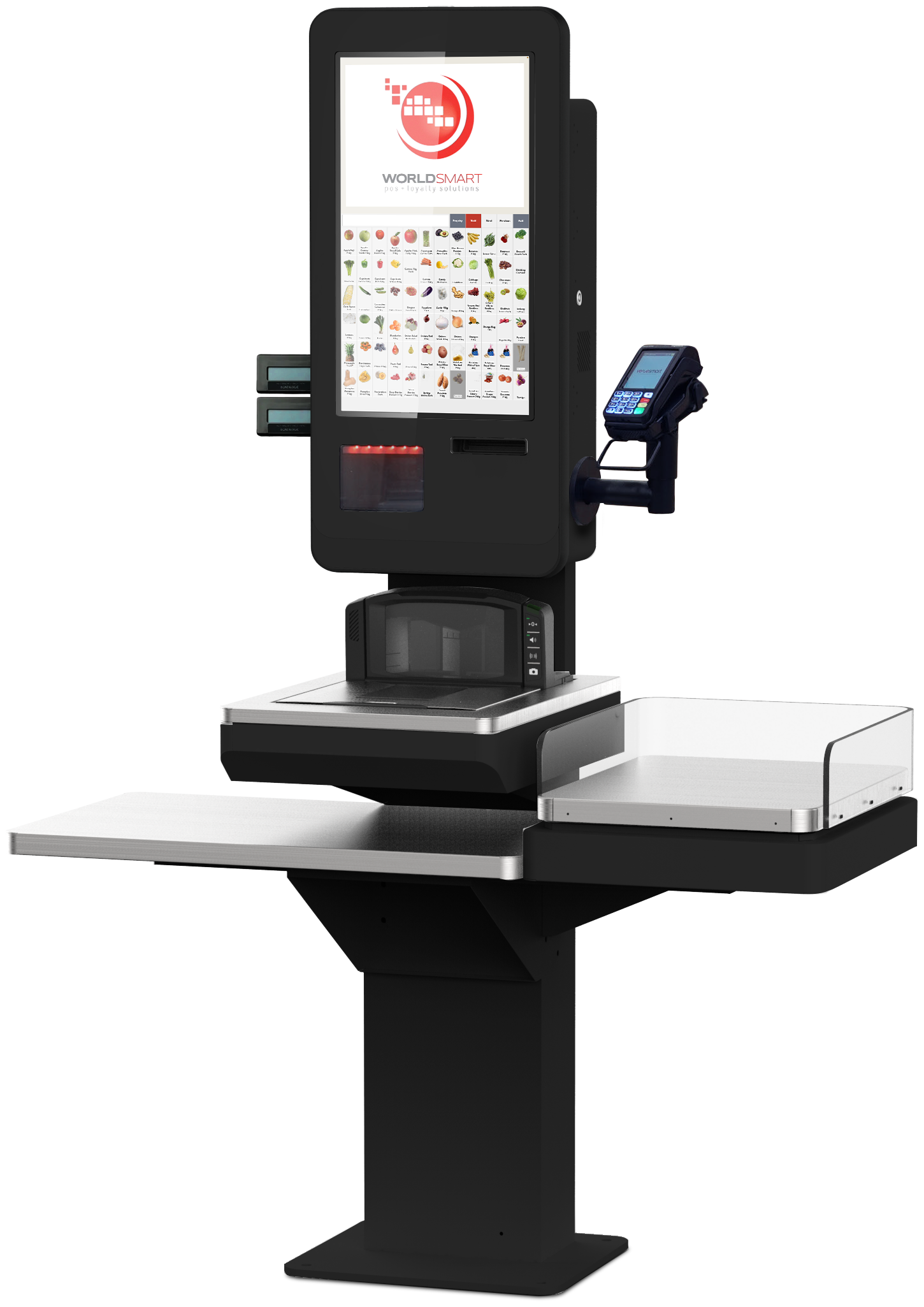 Self-service kiosk with a touchscreen displaying a grocery store app, a card reader on the side, and a built-in scanner, set on a countertop.