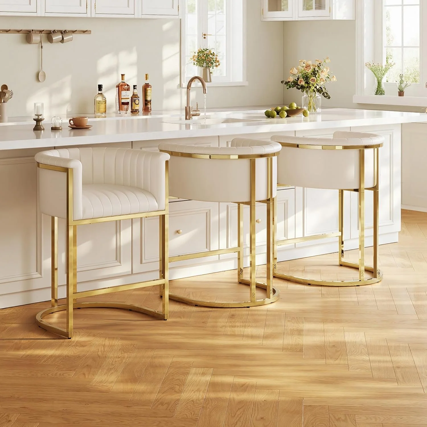 Mearounliving ivory white faux leather bar stools gold frame set of 3 Amazon kitchen island