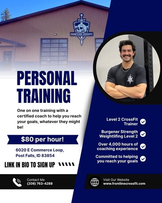 Flyer for personal training at Frontline CrossFit showing a man crossing his arms and smiling, with information about training services, location in Idaho, and contact details.