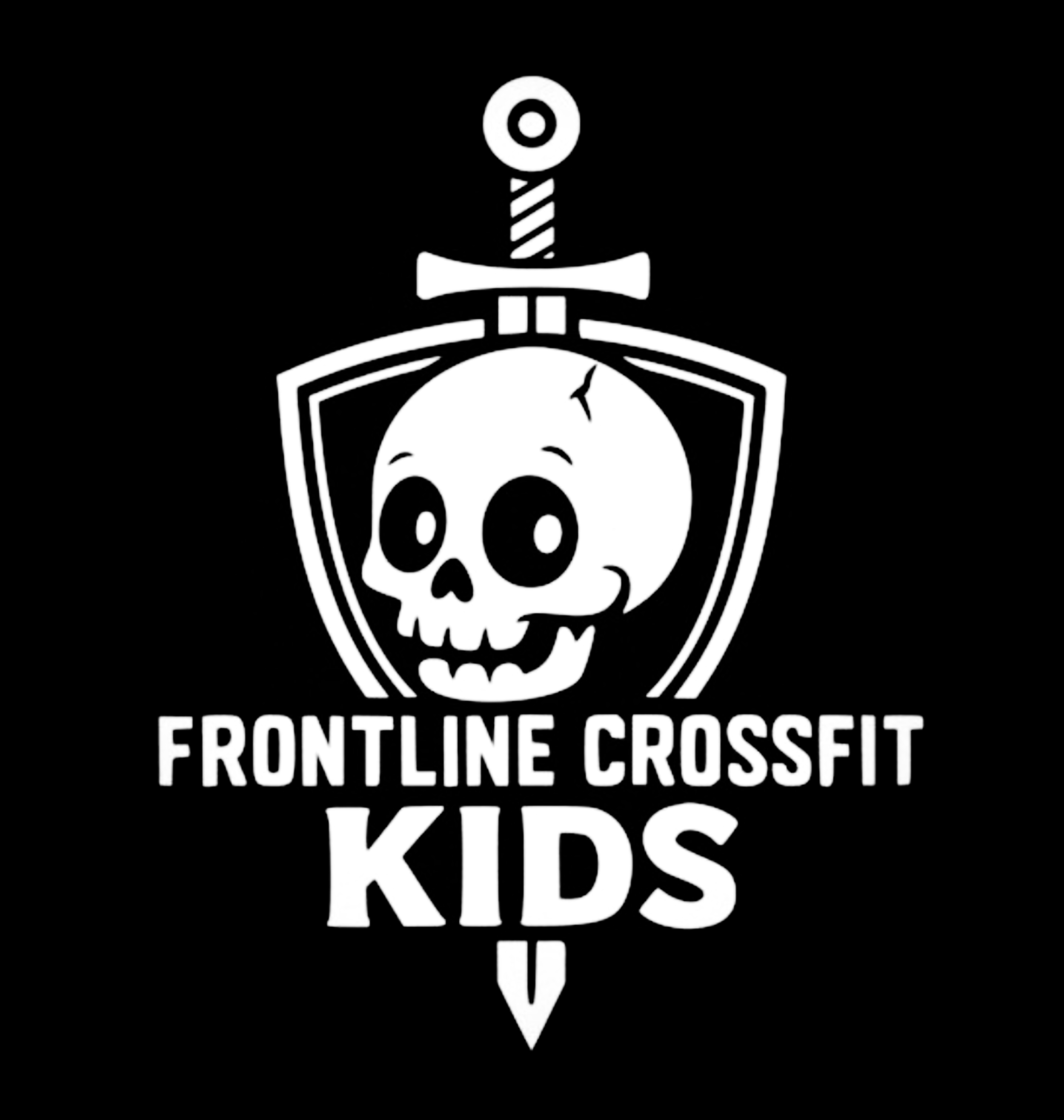 Black and white logo of a skull inside a shield with a sword through the top, with the words "Frontline Crossfit Kids" underneath.