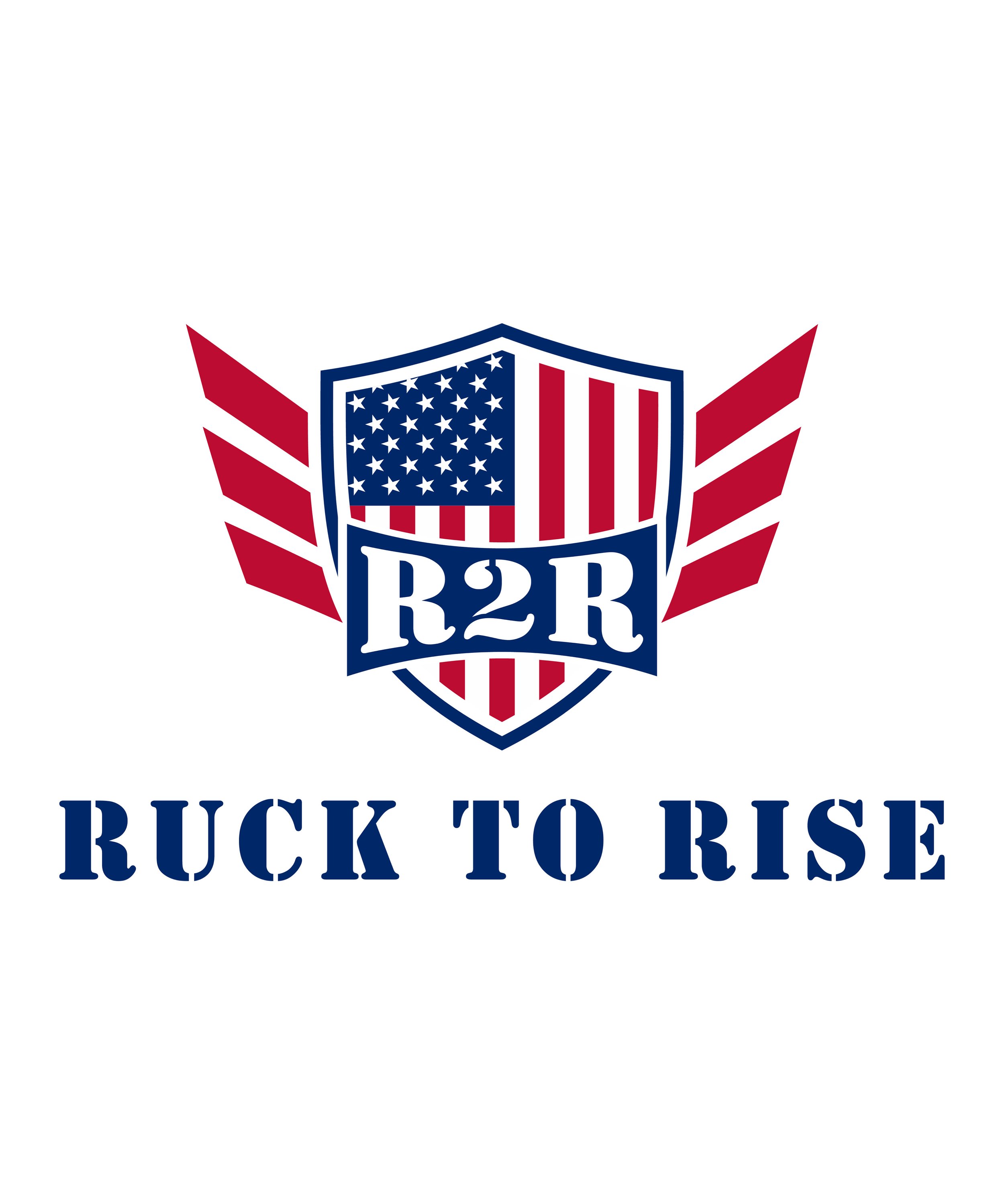 A political campaign logo featuring a shield with an American flag motif and the inscription "R2R". Below is the slogan "Ruck to Rise" in bold navy blue letters.