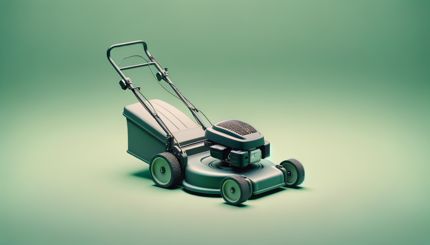 A modern, electric lawn mower with a sleek design on a light green background.