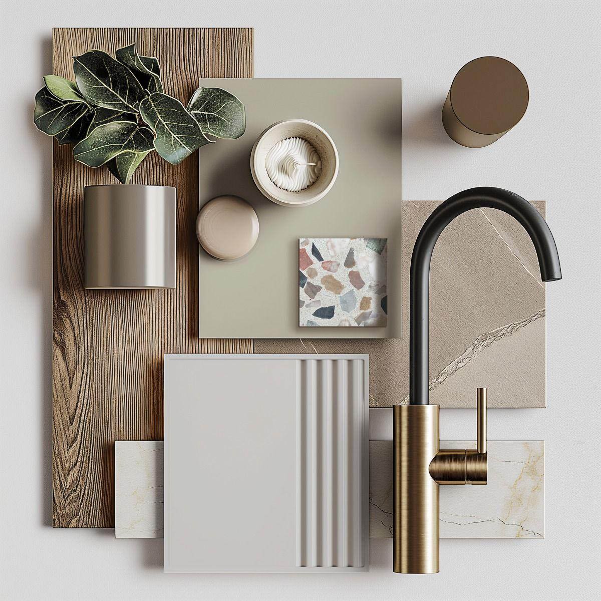 Résumé d'éléments de décoration intérieure, comprenant un robinet noir et or, des planches de bois, des mosaïques, des vases, un pot de fleurs, une bougie, et des échantillons de matériaux, présentés sur fond blanc.
