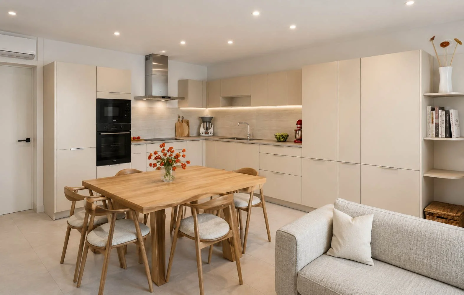 Cuisine moderne avec mobilier en bois clair, table à manger avec chaises, canapé beige, étagère avec livres et décoration végétale, appareils électroménagers intégrés.