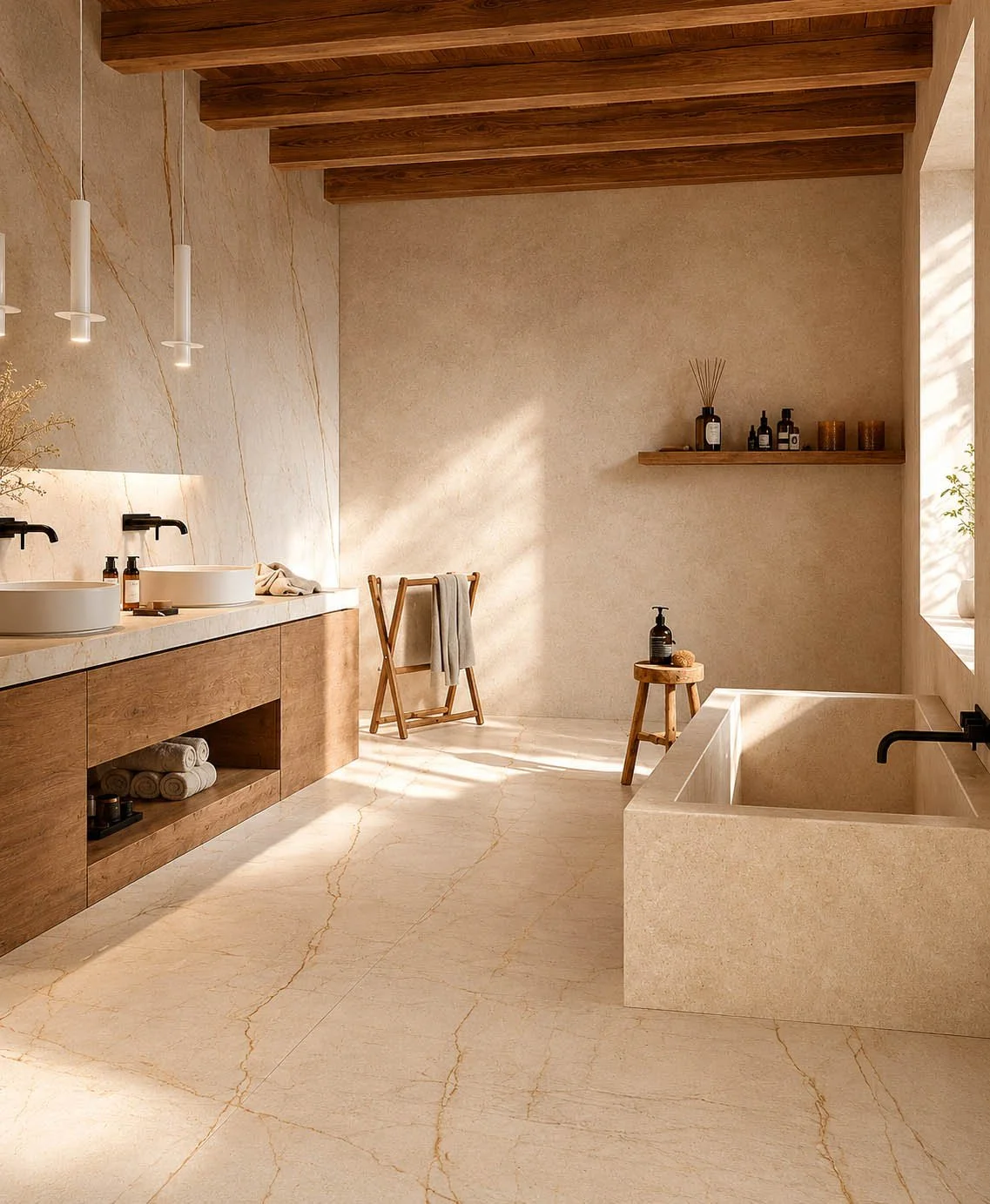 Salle de bain avec double lavabo, baignoire en pierre beige, murs en pierre claire, plafond en bois, étagères en bois avec bouteilles d'huiles essentielles, et linge posé sur un support en bois.