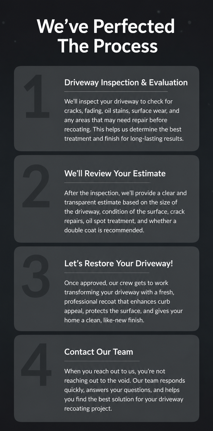 Steps for driveway restoration: inspection and evaluation, estimate review, driveway restoration, and contacting the team.