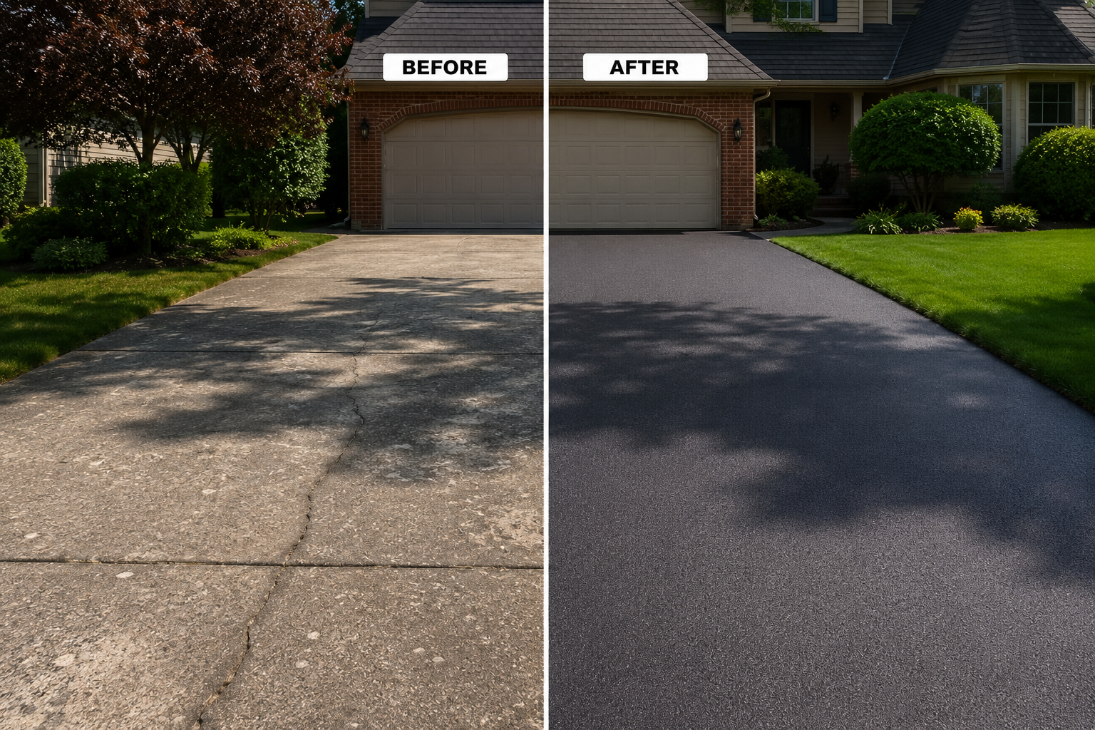 Comparison of a cracked concrete driveway before and a smooth asphalt driveway after repair in front of a house with a garage and landscaping.