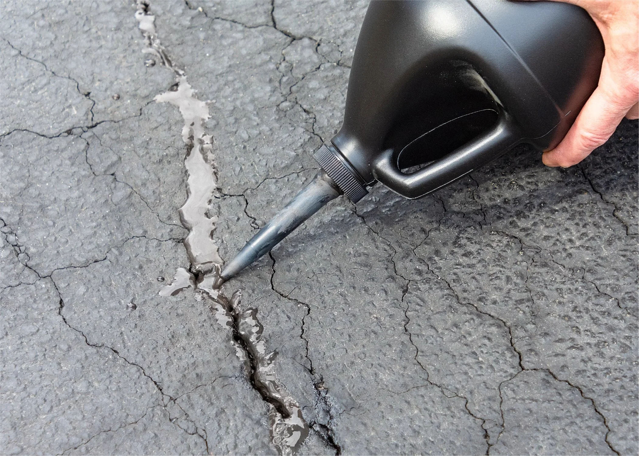 Hand holding a black container, pouring water onto cracked asphalt pavement.