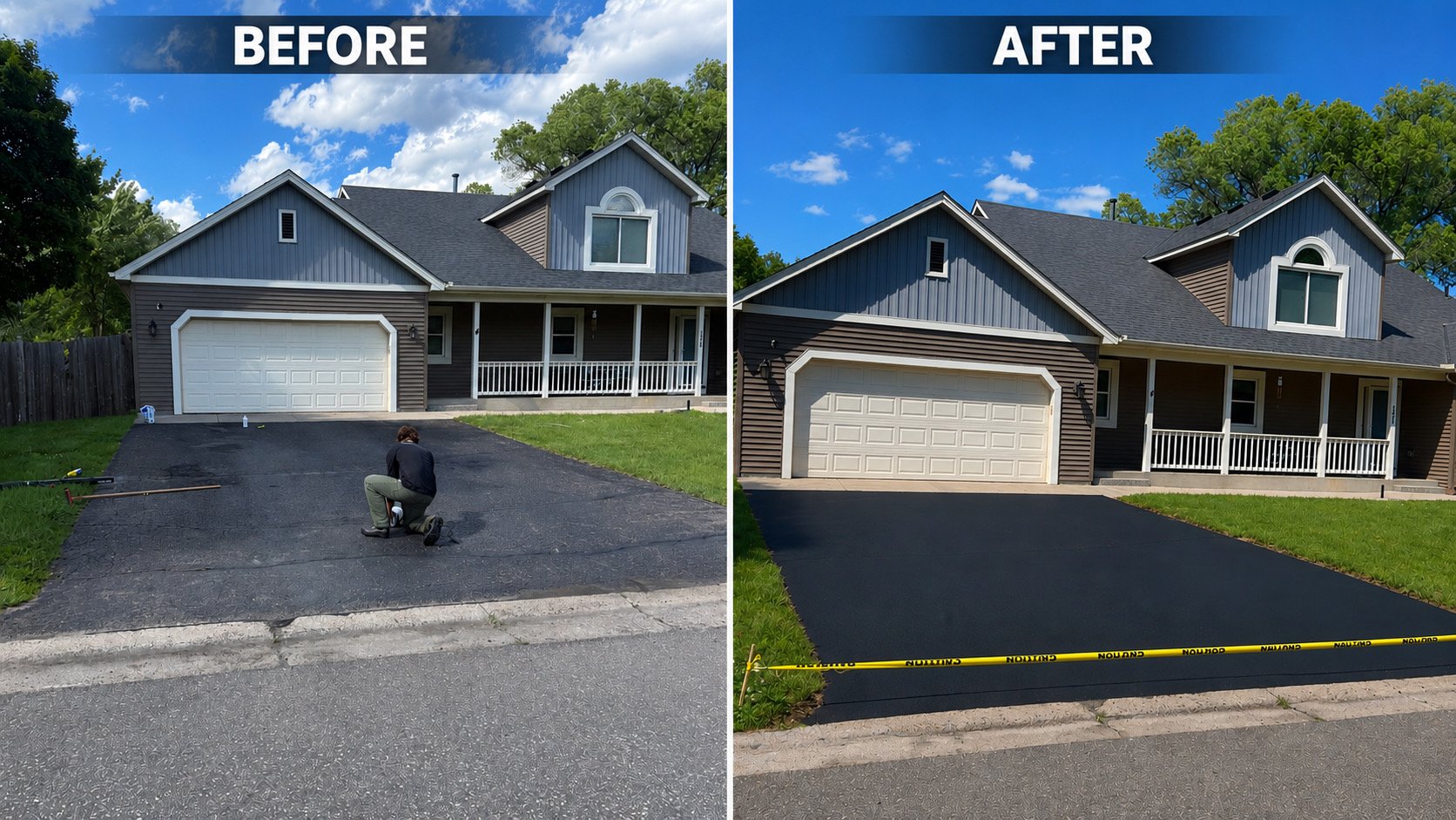 Side-by-side comparison of a house's driveway before and after being paved. The "Before" side shows a worker kneeling on an unpaved, rough asphalt driveway, with tools on the ground. The "After" side shows a smooth, freshly paved black asphalt driveway with yellow caution tape in front.