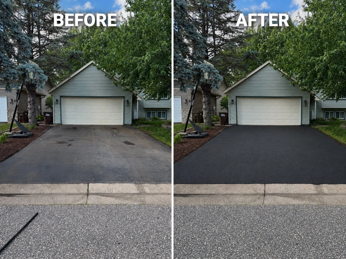 Side-by-side comparison of a house driveway, with the left labeled 'Before' showing an older, worn asphalt surface with patches and stains, and the right labeled 'After' showing a freshly paved, smooth black asphalt driveway.